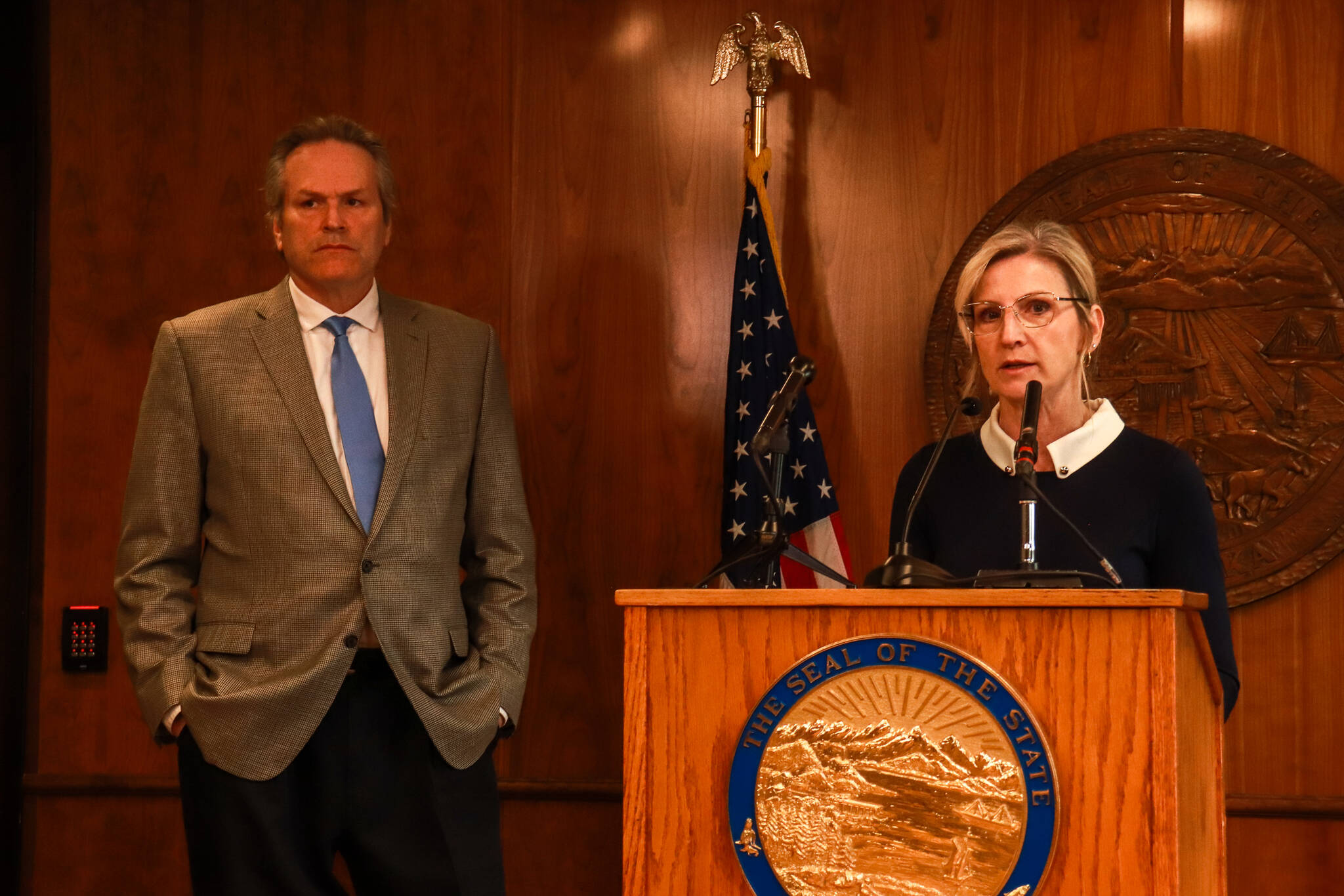 Deena Bishop, commissioner of the Department of Education and Early Development, discusses the status of school districts’ finances during a press conference with Gov. Mike Dunleavy at the Alaska State Capitol on Thursday, April 17, 2025. (Jasz Garrett / Juneau Empire)