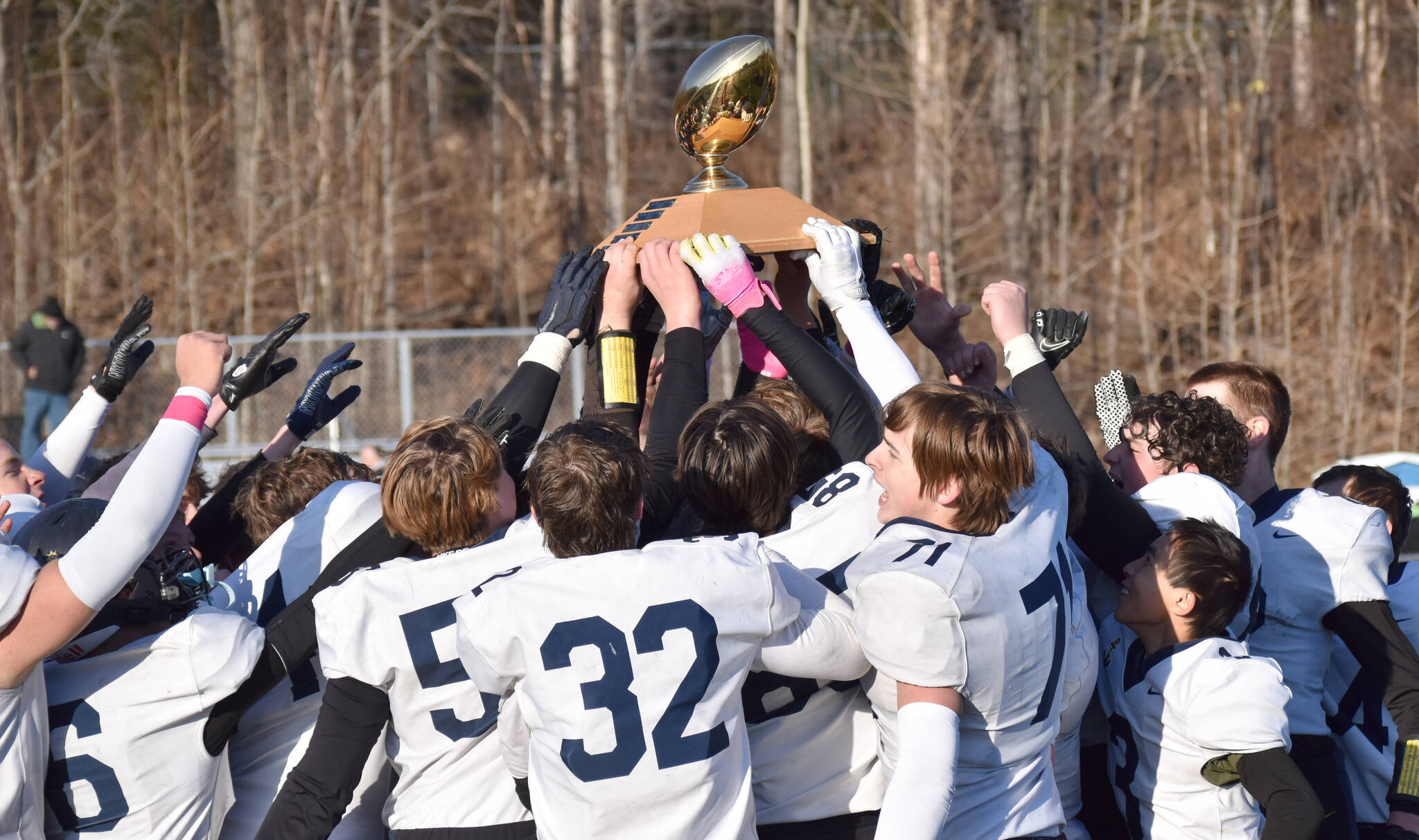 Homer celebrates Saturday, Oct. 19, 2024, at the Division III First National Bowl at Veterans Memorial Field at Wasilla High School in Wasilla, Alaska. (Photo by Jeff Helminiak/Peninsula Clarion)