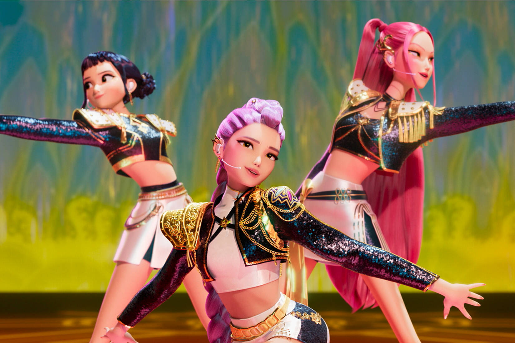 Rumi, Zoey and Mira, of Huntr/x, perform in “KPop Demon Hunters.” (Promotional photo courtesy Sony Pictures Animation)