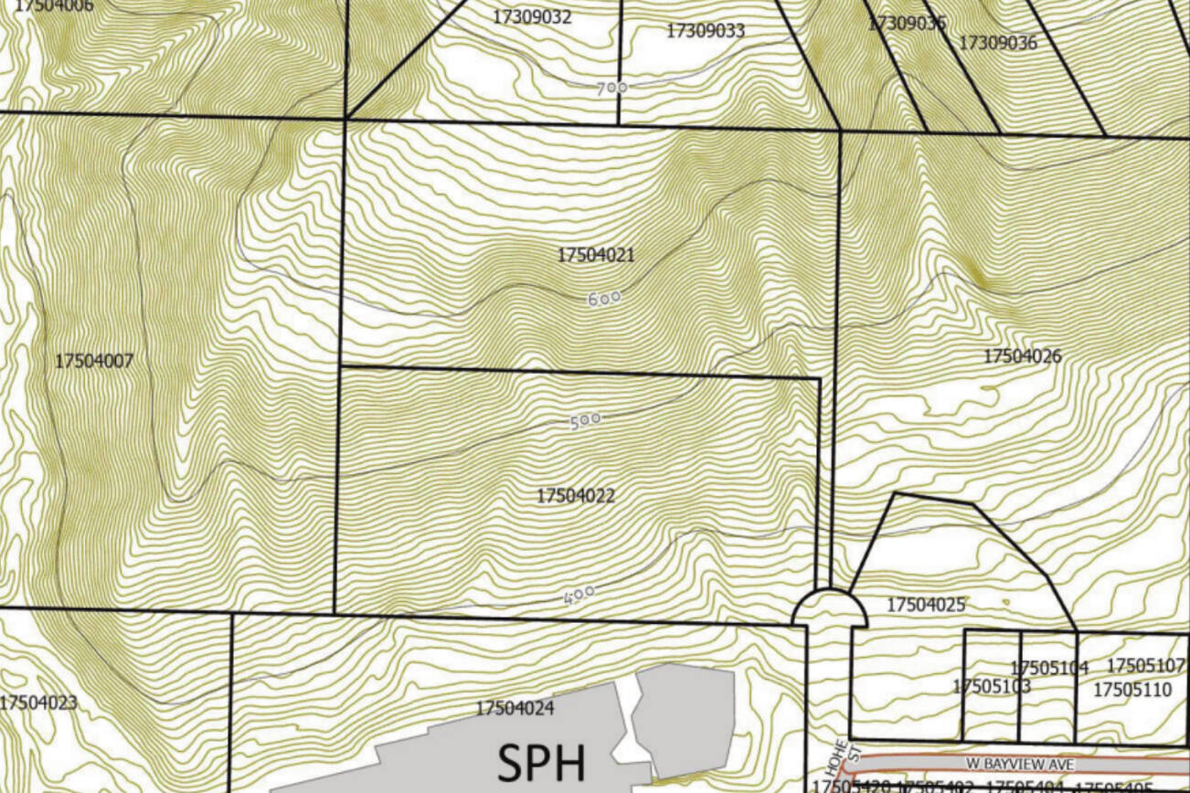 A map from a South Kenai Peninsula Hospital Service Area Board resolution in support of the land buy ordinance shows the location of South Peninsula Hospital in regard to the steep slopes surrounding the property. Parcel #17504022 is one of the four properties assembly members unanimously voted to purchase on Tuesday, Aug. 19.