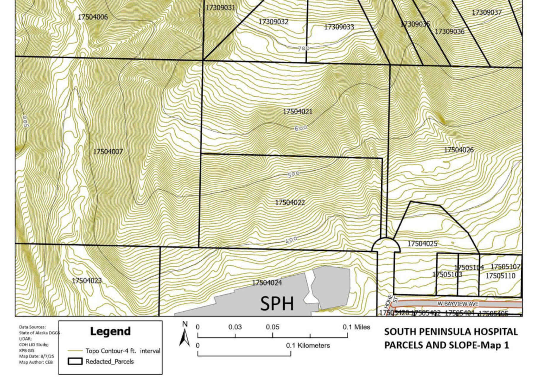 A map from a South Kenai Peninsula Hospital Service Area Board resolution in support of the land buy ordinance shows the location of South Peninsula Hospital in regard to the steep slopes surrounding the property. Parcel #17504022 is one of the four properties assembly members unanimously voted to purchase on Tuesday, Aug. 19.