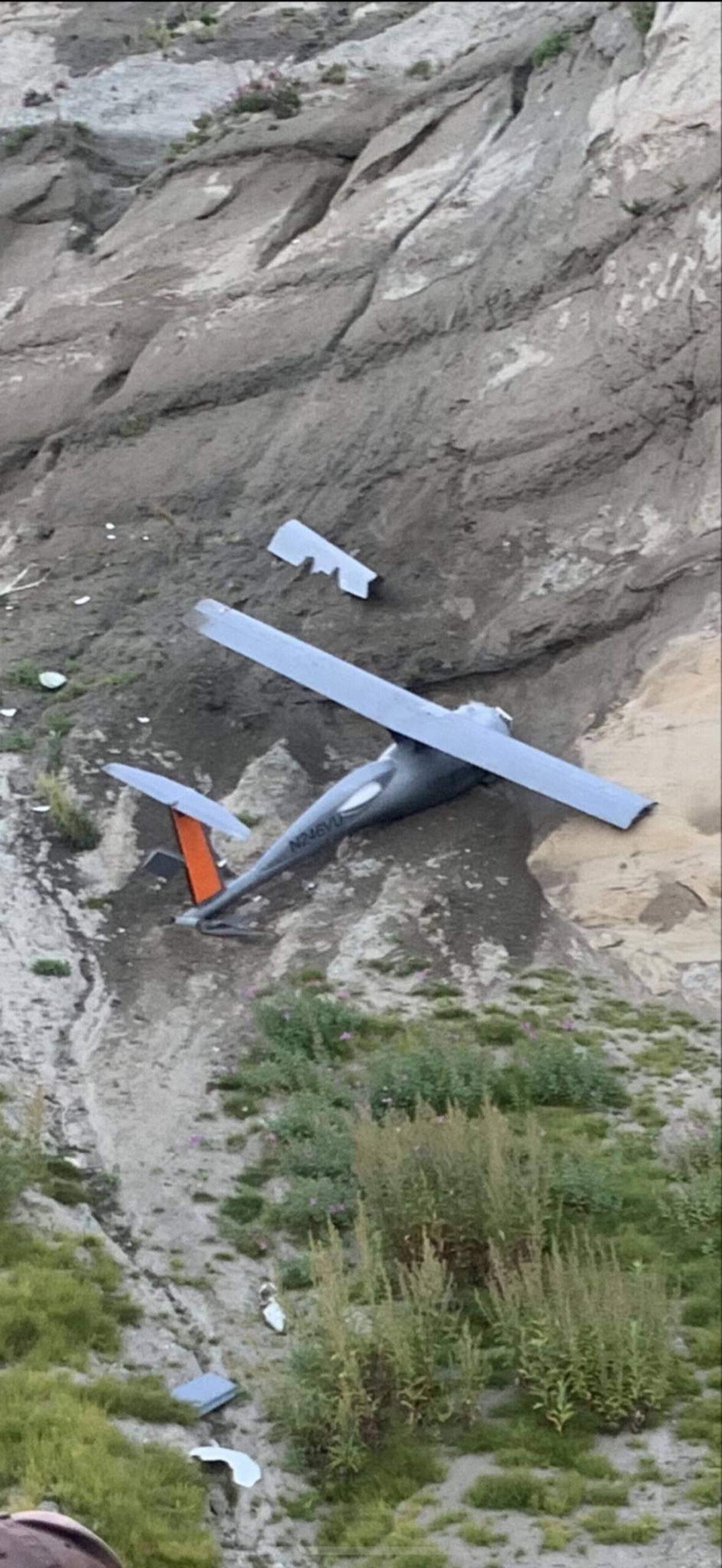 An ultra-endurance long-range drone registered to Vanilla Unmanned crashed into a bluff near Ninilchik, Alaska on Wednesday, Aug. 20, 2025. (Contributed photo)