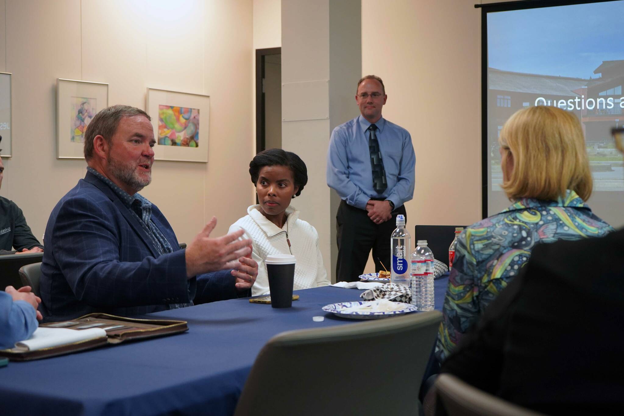 Kenai Peninsula Borough School District Superintendent Clayton Holland speaks during a presentation on E-Rate to Federal Communications Commission Commissioner Olivia Trusty and U.S. Sen. Lisa Murkowski in the KPBSD offices in Soldotna, Alaska, on Wednesday, Aug. 20, 2025. (Jake Dye/Peninsula Clarion)