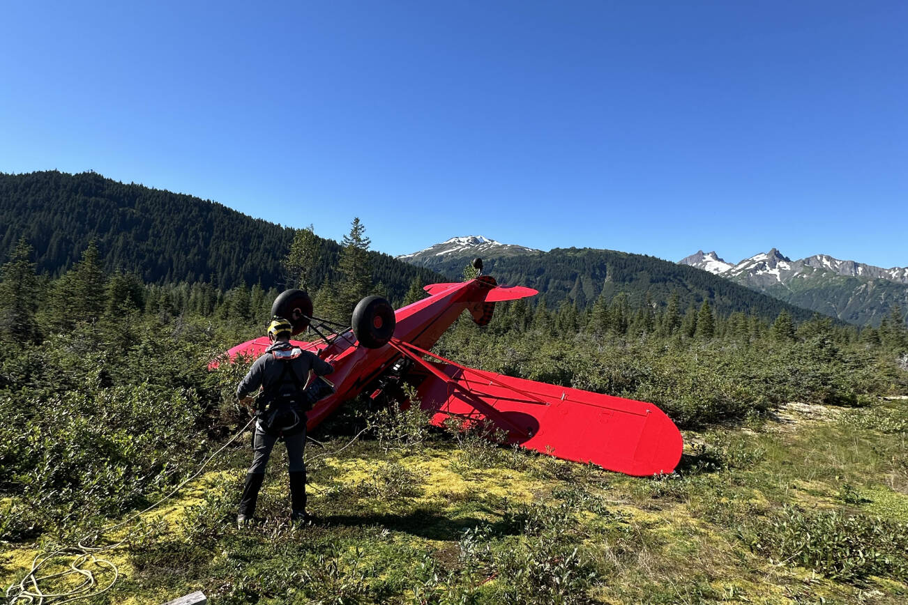 The downed aircraft near Haines on Sunday, Aug. 24, 2025. The pilot was the only person aboard the aircraft and had no reported injuries. (U.S. Coast Guard photo courtesy of Air Station Sitka)