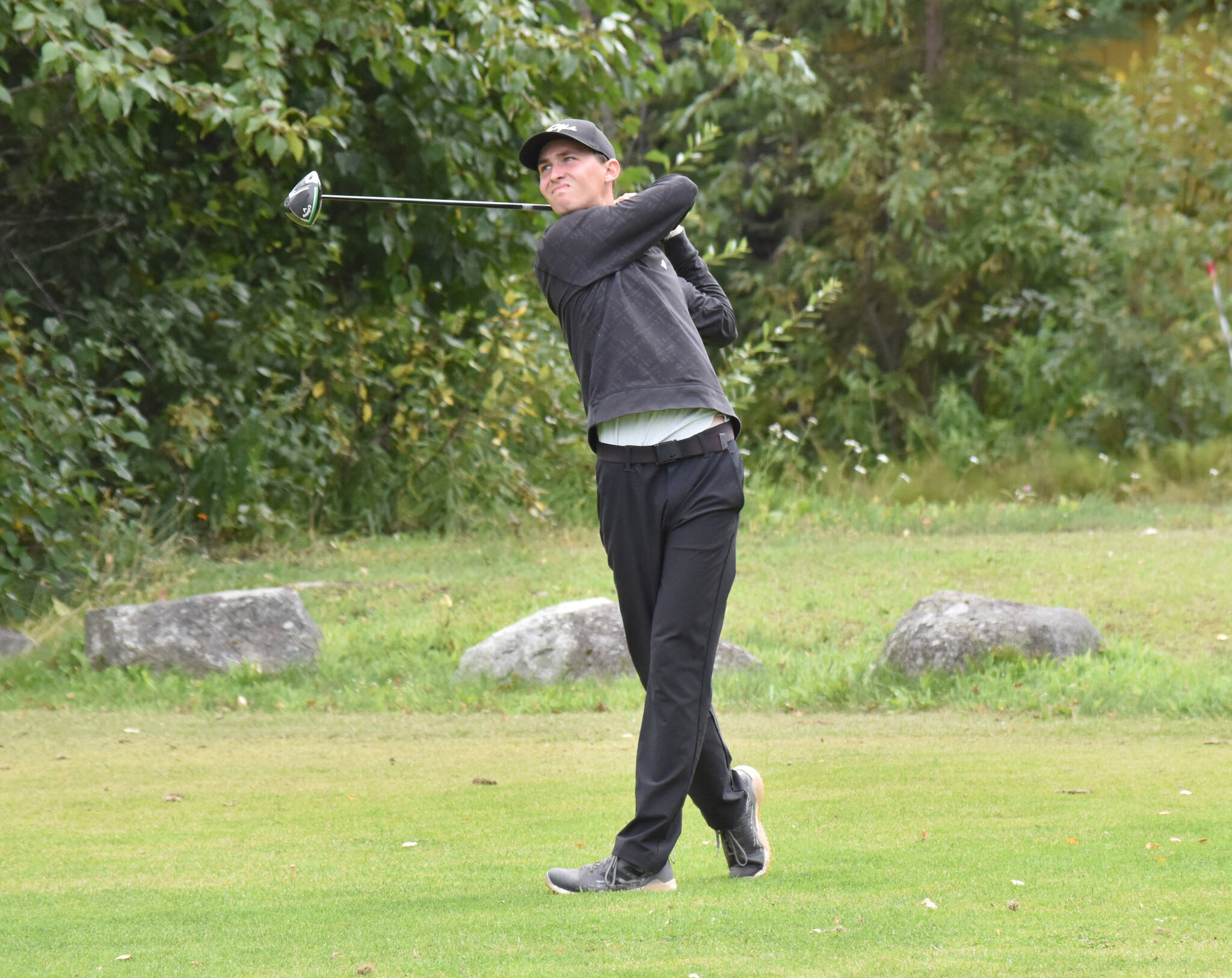 Aaron Moore tees off at No. 16 at the Alaska Sign Source 2025 Birch Ridge Amateur Championship at Birch Ridge Golf Course in Soldotna, Alaska, on Sunday, Aug. 24, 2025. (Photo by Jeff Helminiak/Peninsula Clarion)