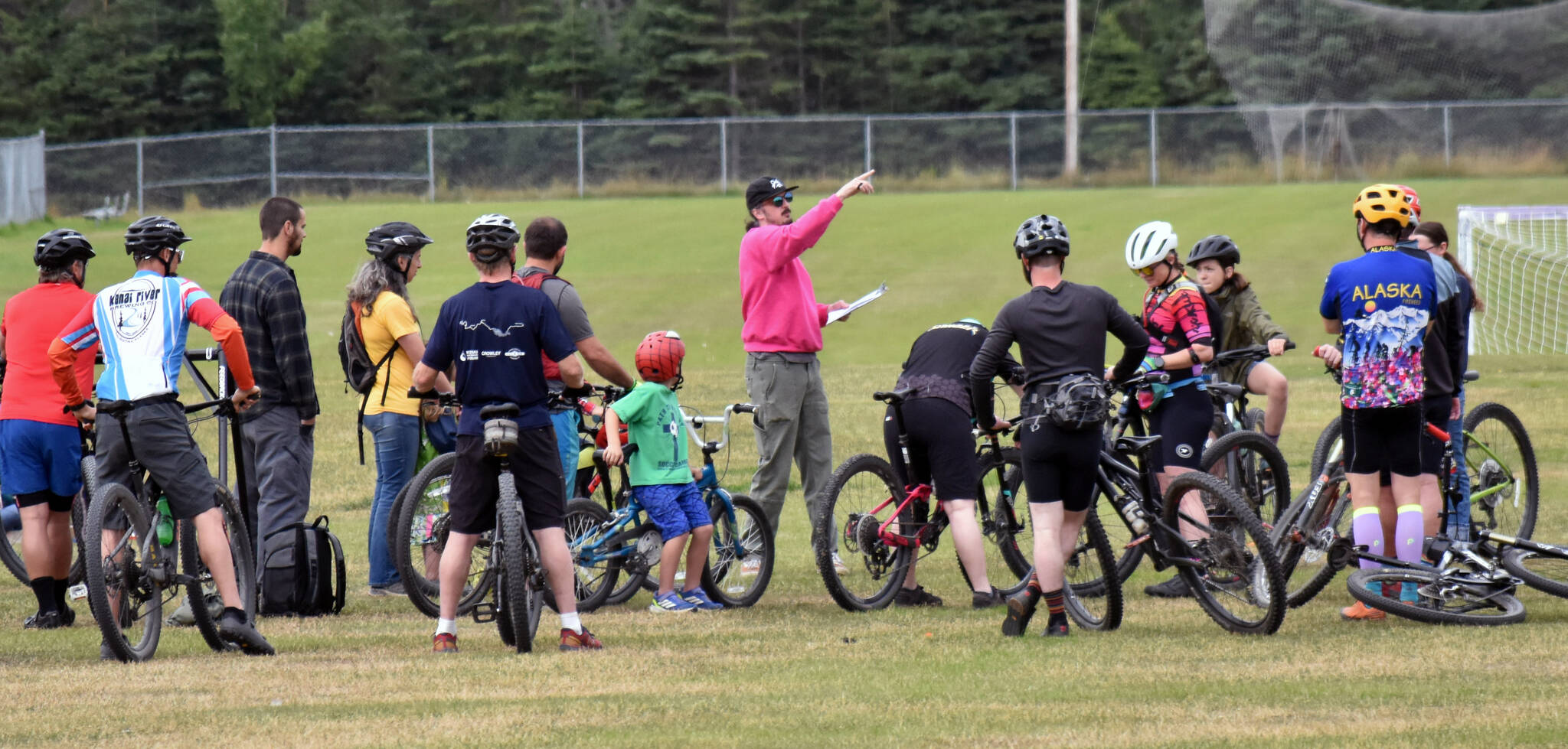 Mark Beeson gives instructions before The Gauntlet on Sunday, Aug. 24, 2025, at Tsalteshi Trails just outside of Soldotna, Alaska. (Photo by Jeff Helminiak/Peninsula Clarion)
