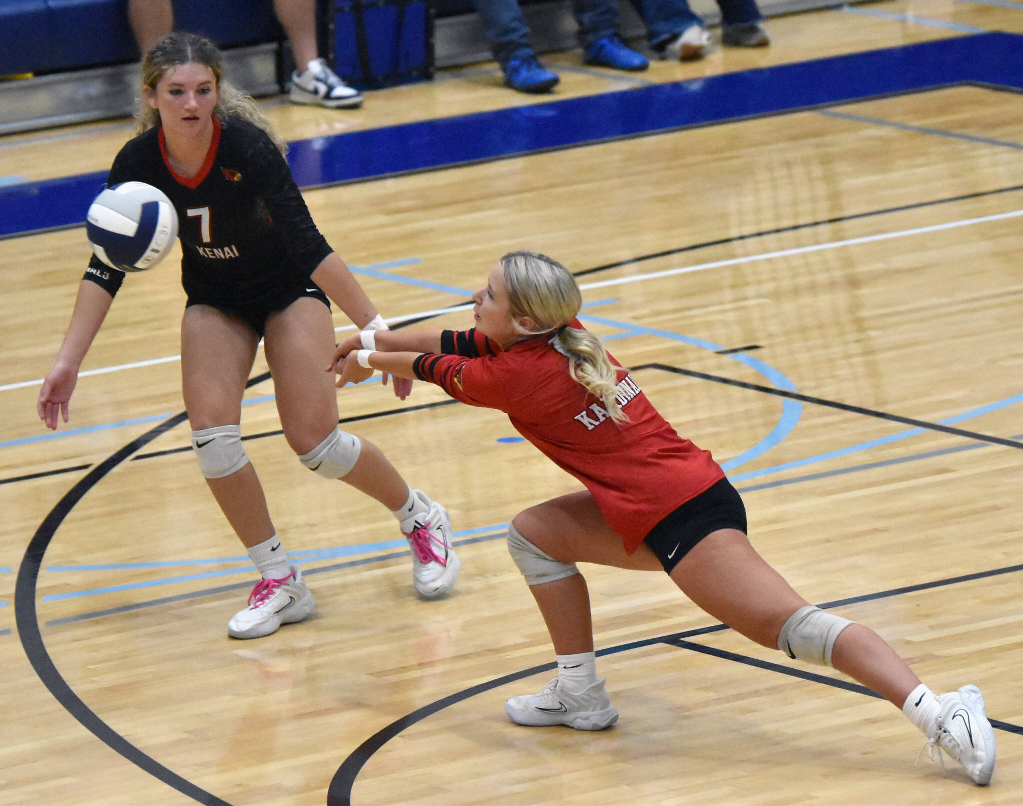 Kenai Centrals Brynnen Hanson digs up a ball against Soldotna on Friday, Aug. 29, 2025, at Soldotna High School in Soldotna, Alaska. (Photo by Jeff Helminiak/Peninsula Clarion)