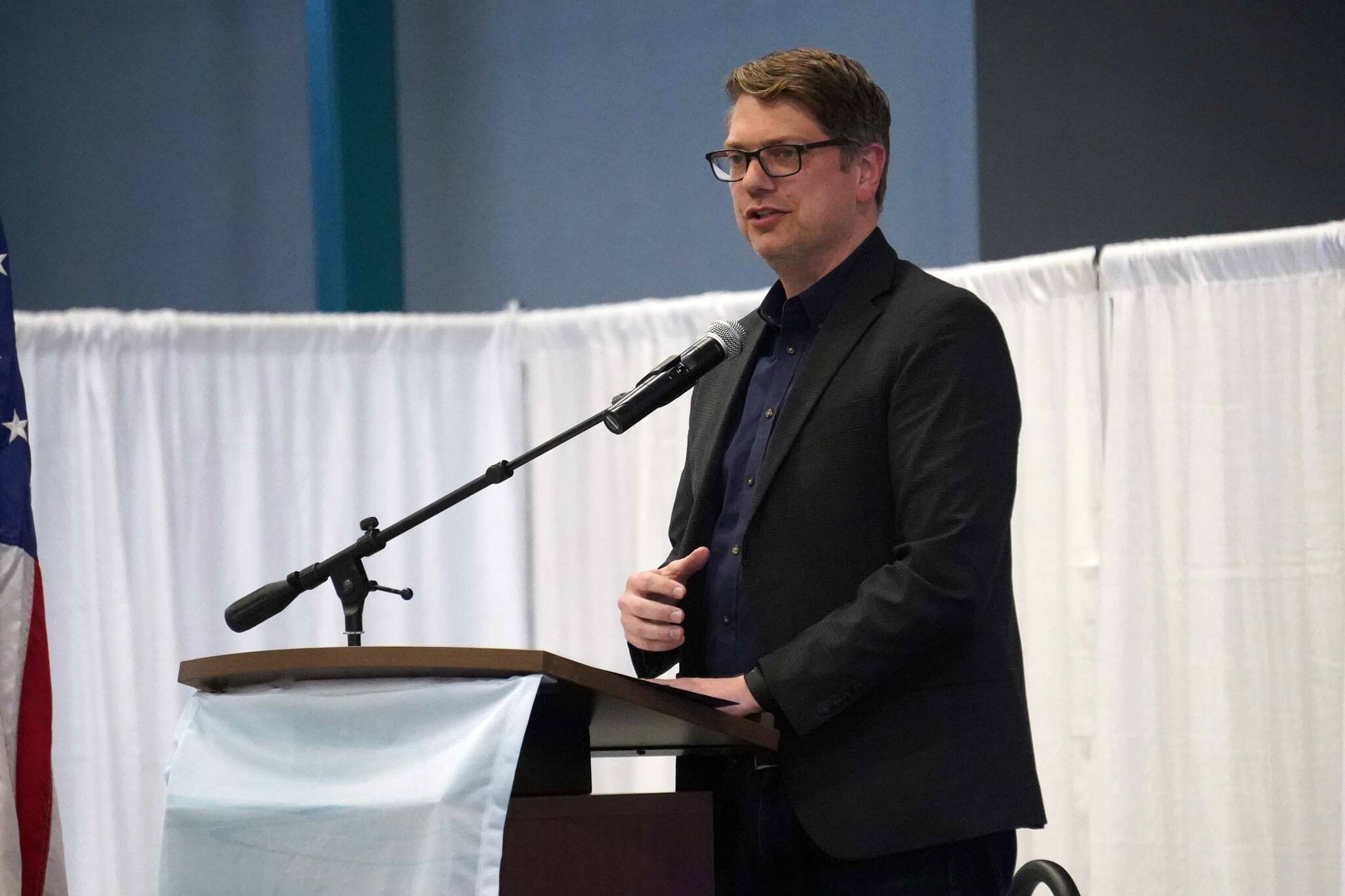 U.S. Rep. Nick Begich III speaks during the Kenai Classic Roundtable hosted by the Kenai River Sportfishing Association at the Soldotna Field House on Aug. 20, 2025, in Soldotna, Alaska. (Jake Dye/Peninsula Clarion)