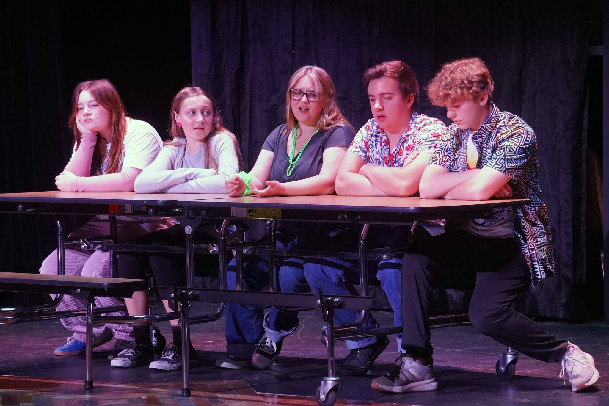 The cast of The Girl Next Door rehearse at Triumvirate Theatre in Kenai, Alaska, on Saturday, Sept. 13, 2025. (Jake Dye/Peninsula Clarion)