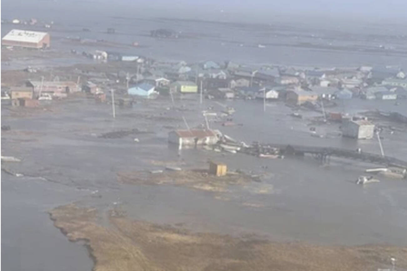 U.S. Coast Guard MH-60 Jayhawk helicopter aircrews conduct overflights of Kipnuk, Alaska, after coastal flooding impacted several western Alaska communities, Oct. 12, 2025. (U.S. Coast Guard photo courtesy of Air Station Kodiak)