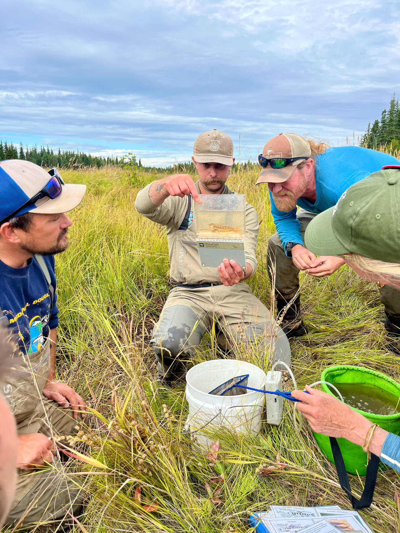 Volunteers gather around a captured salmon during one of Cook Inletkeeper’s Mapping Salmon Habitat Solution field days in August<ins> 2025</ins>. Every year, Cook Inletkeeper creates programs designed to get community members involved with mapping salmon habitat.