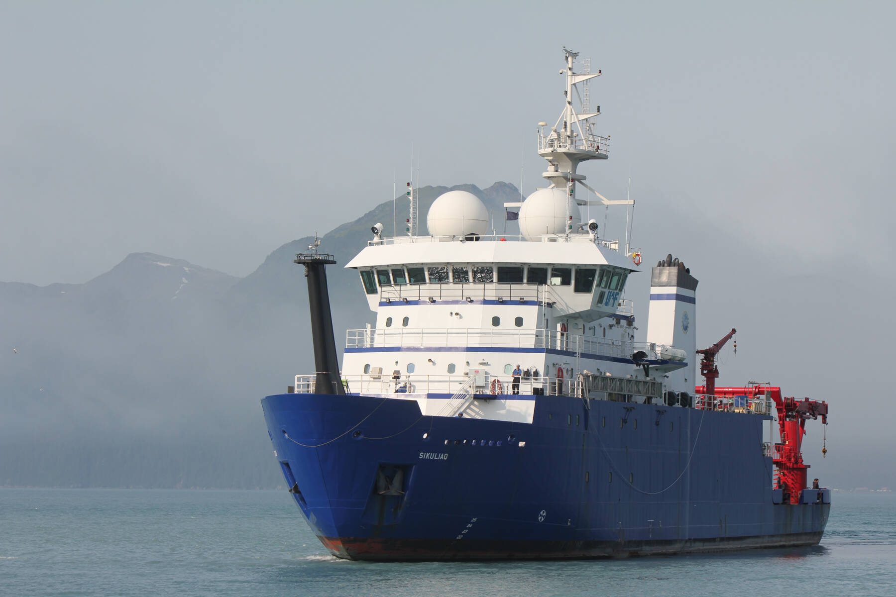 The research vessel Sikuliaq navigates Resurrection Bay on the way to its homeport at the Seward Marine Center in 2020. Photo courtesy of Sarah Spanos