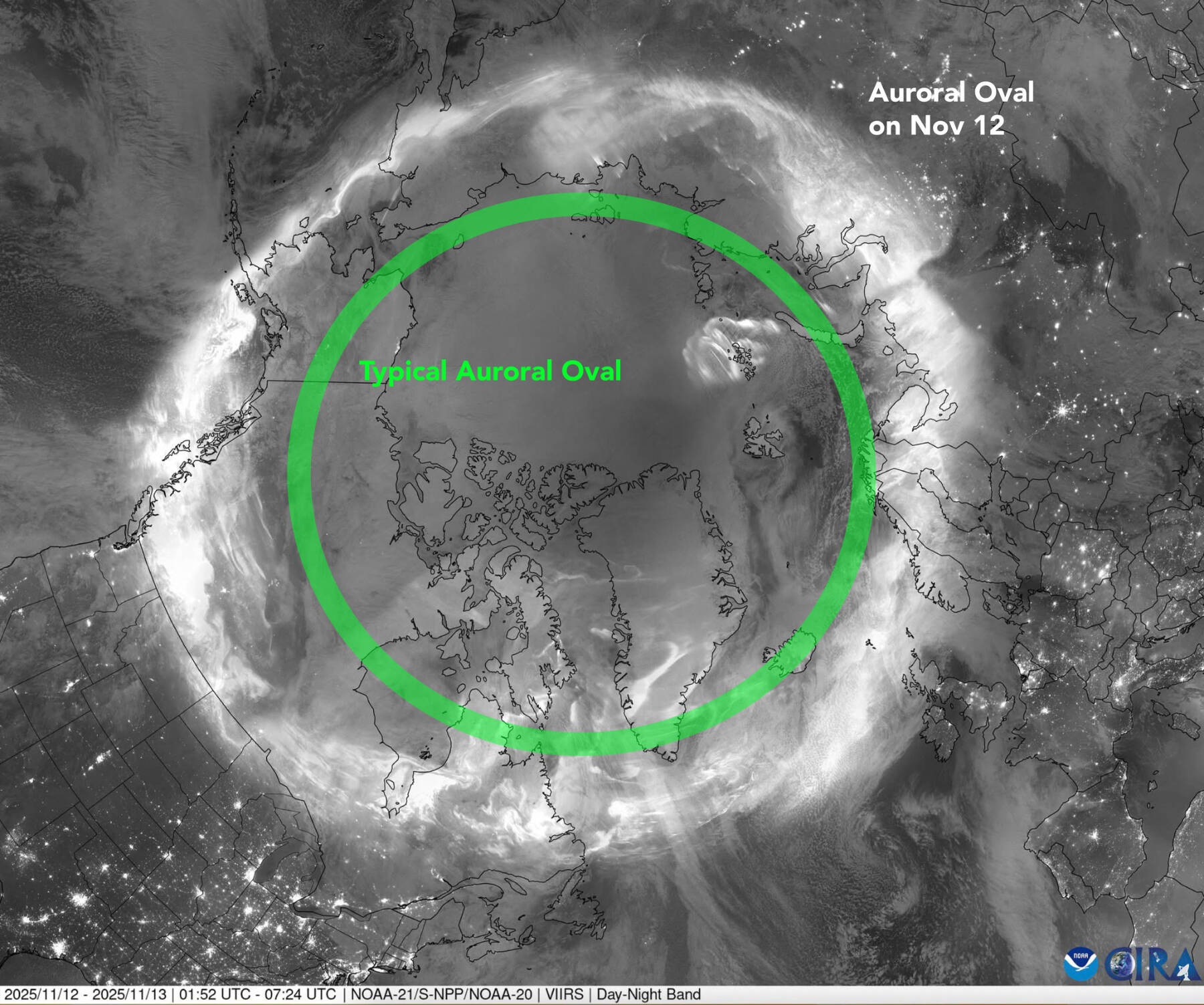 This mosaic image shows combined passes from NOAA 21, Suomi NPP and NOAA 20 satellites. All show the auroral oval during the geomagnetic storm of Nov. 11-12, 2025. Vincent Ledvina, a graduate student researcher at the UAF Geophysical Institute, added the typical auroral oval to the image before posting it to his Facebook page (Vincent Ledvina — The Aurora Guy). Image by National Oceanic and Atmospheric Administration and Vincent Ledvina.
