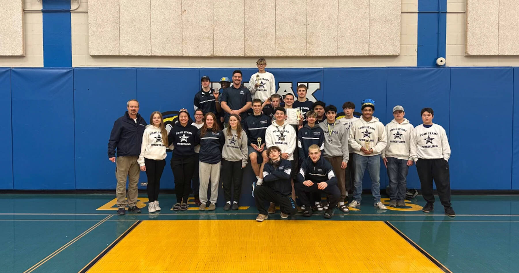 The varsity wrestling team is pictured after the Robin Hervey individual tournament in Kodiak on Nov. 22, 2025. Photo courtesy of Pete Dickinson
