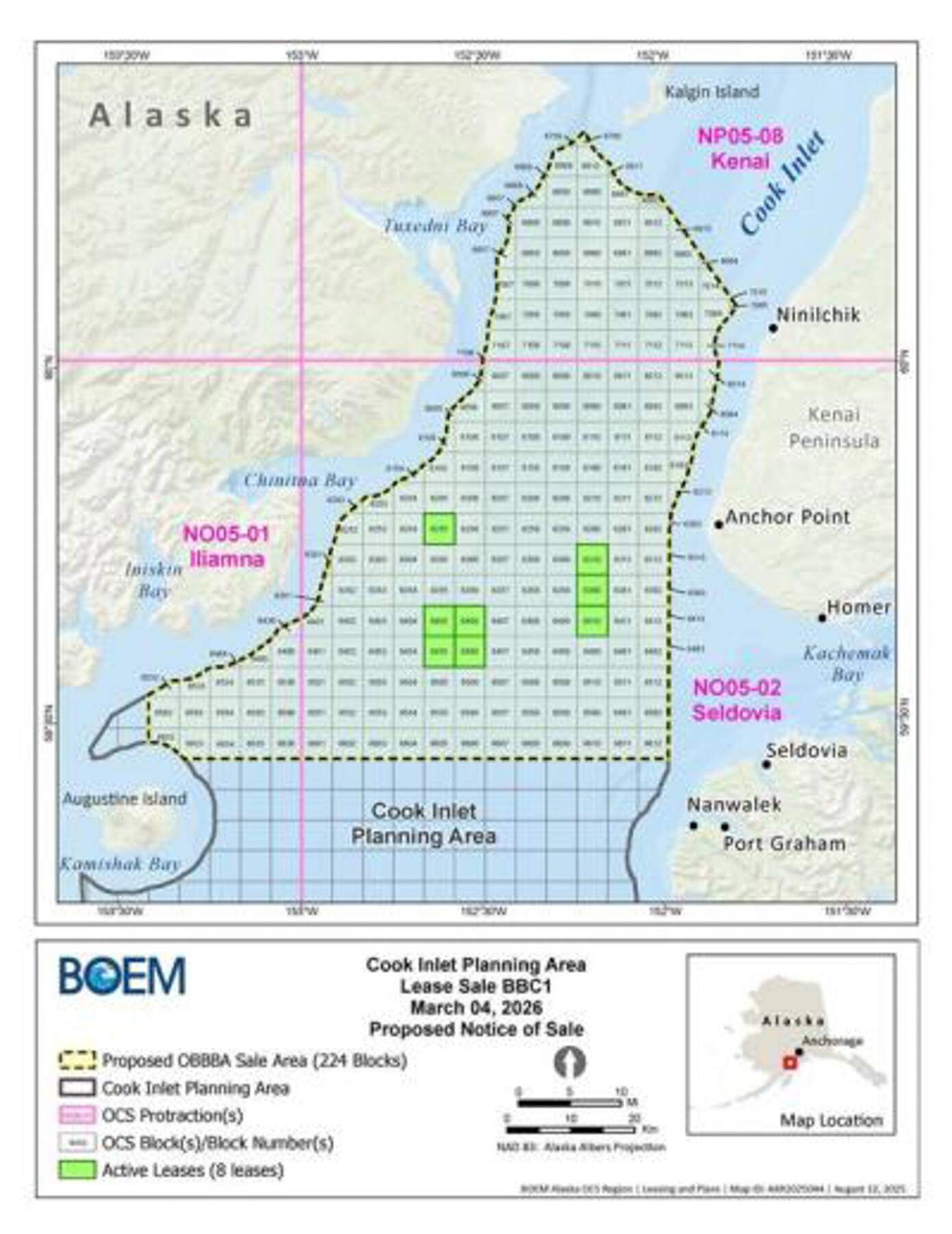 The Trump administration’s “Big Beautiful Bill” act requires the Bureau of Ocean Energy management to hold at least six offshore oil and gas lease sales in Alaska between 2026-2028 and 2030-2032. The first of these sales — known as “Big Beautiful Cook Inlet 1,” or BBC1— is scheduled for March 2026. Photo courtesy of the Bureau of Ocean Energy Management
