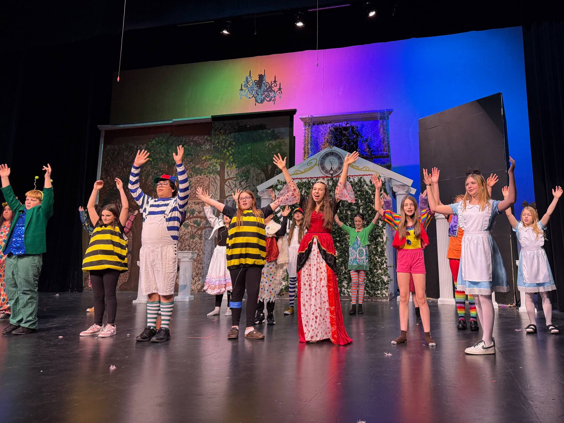 Photo courtesy of Carla Jenness
The cast of Nikiski Middle School’s upcoming performance of “Alice in Wonderland” is pictured on Dec. 2. The high school upperclassmen-directed play opens on Friday, with additional showtimes Saturday and next weekend.