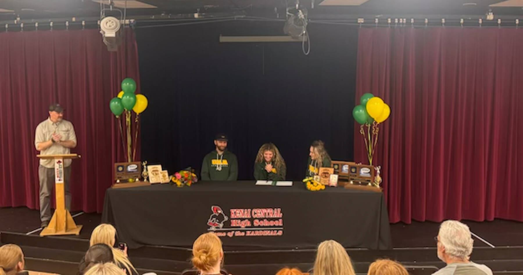 Sophie Tapley is photographed with her parents, Josh and Whitney Tapley, during Sophie’s signing ceremony at Kenai Central High School on Nov. 26, 2025. Tapley committed to playing volleyball at the University of Alaska Anchorage during the 2026-2027 school year. Photo courtesy of Jesse Settlemyer, Kenai Central Athletics