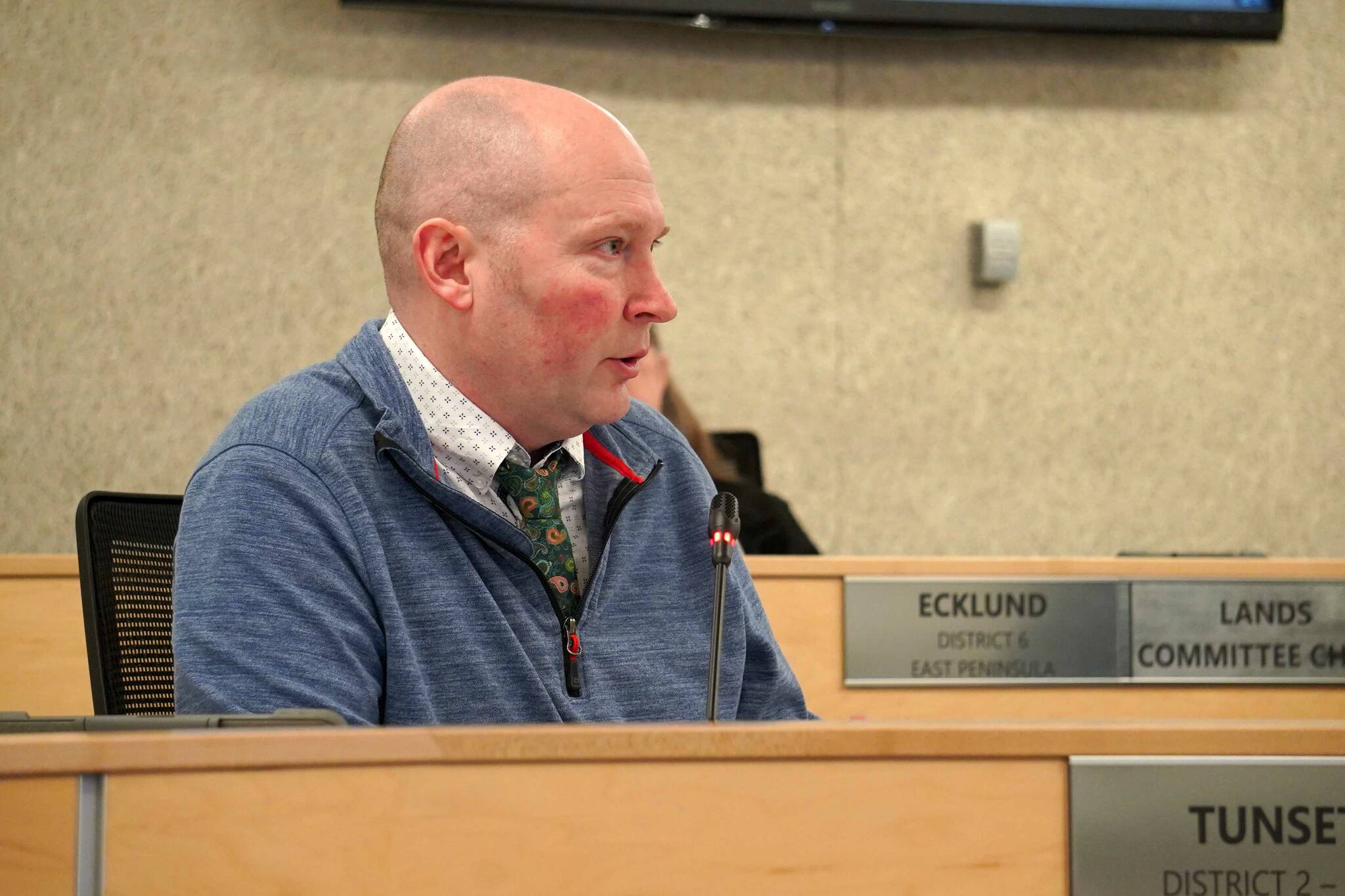 Ryan Tunseth speaks during a meeting of the Kenai Peninsula Borough Assembly in Soldotna, Alaska, on Tuesday, April 1, 2025. (Jake Dye/Peninsula Clarion)