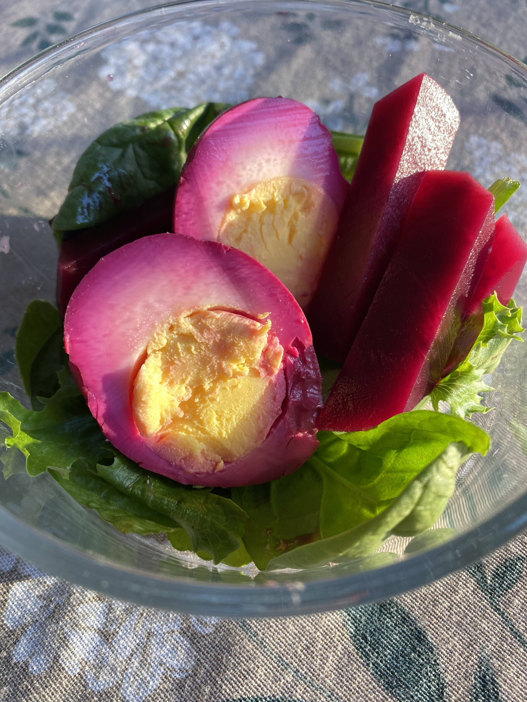 Served together on a bed of greens, these pickled eggs and beets make a light but cheerful lunch. Photo by Tressa Dale/Peninsula Clarion