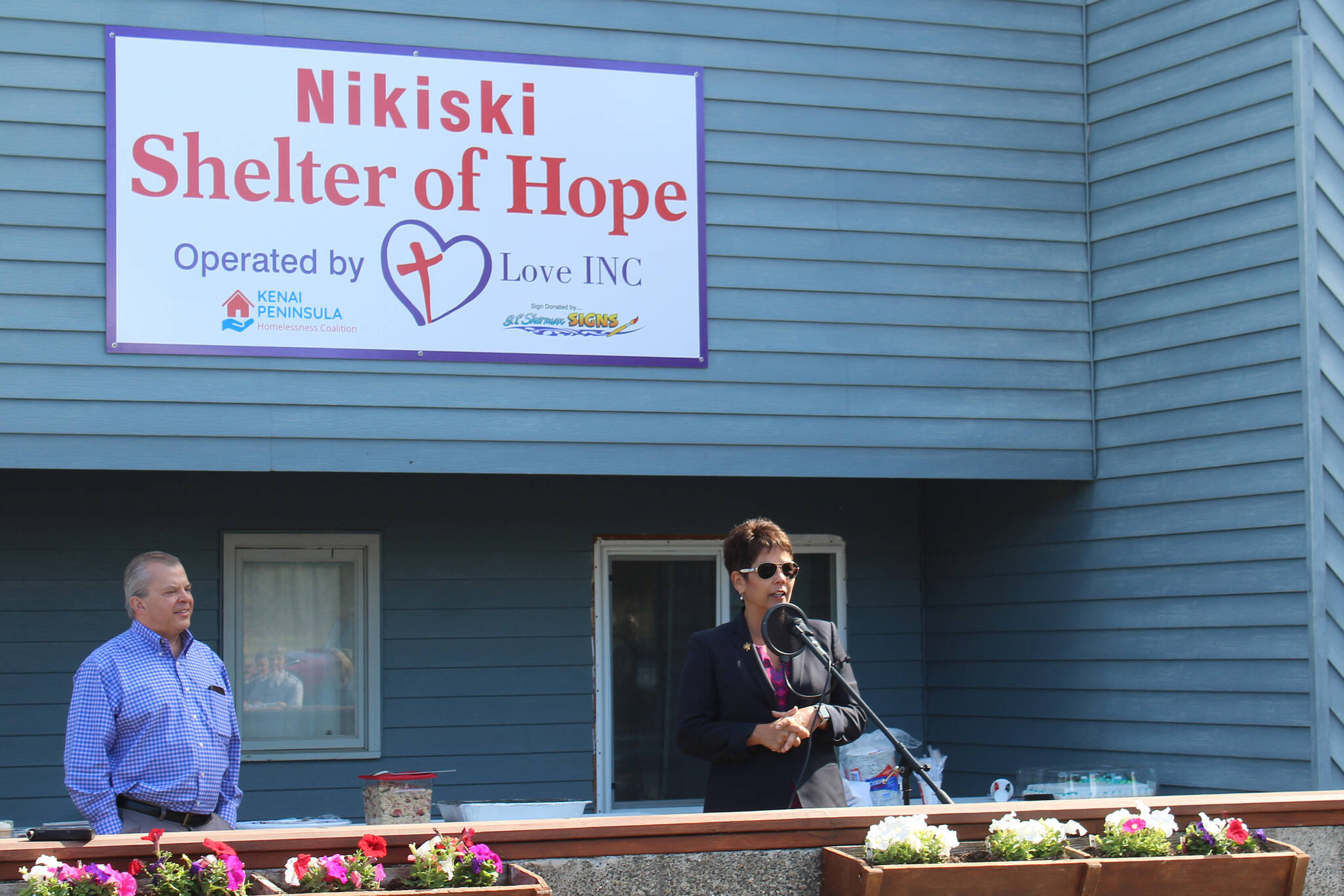 Cook Inlet Region, Inc. President and CEO Sophie Minich speaks during a ribbon cutting ceremony at the Nikiski Shelter of Hope on Friday, May 20, 2022 in Nikiski, Alaska. (Ashlyn OHara/Peninsula Clarion)