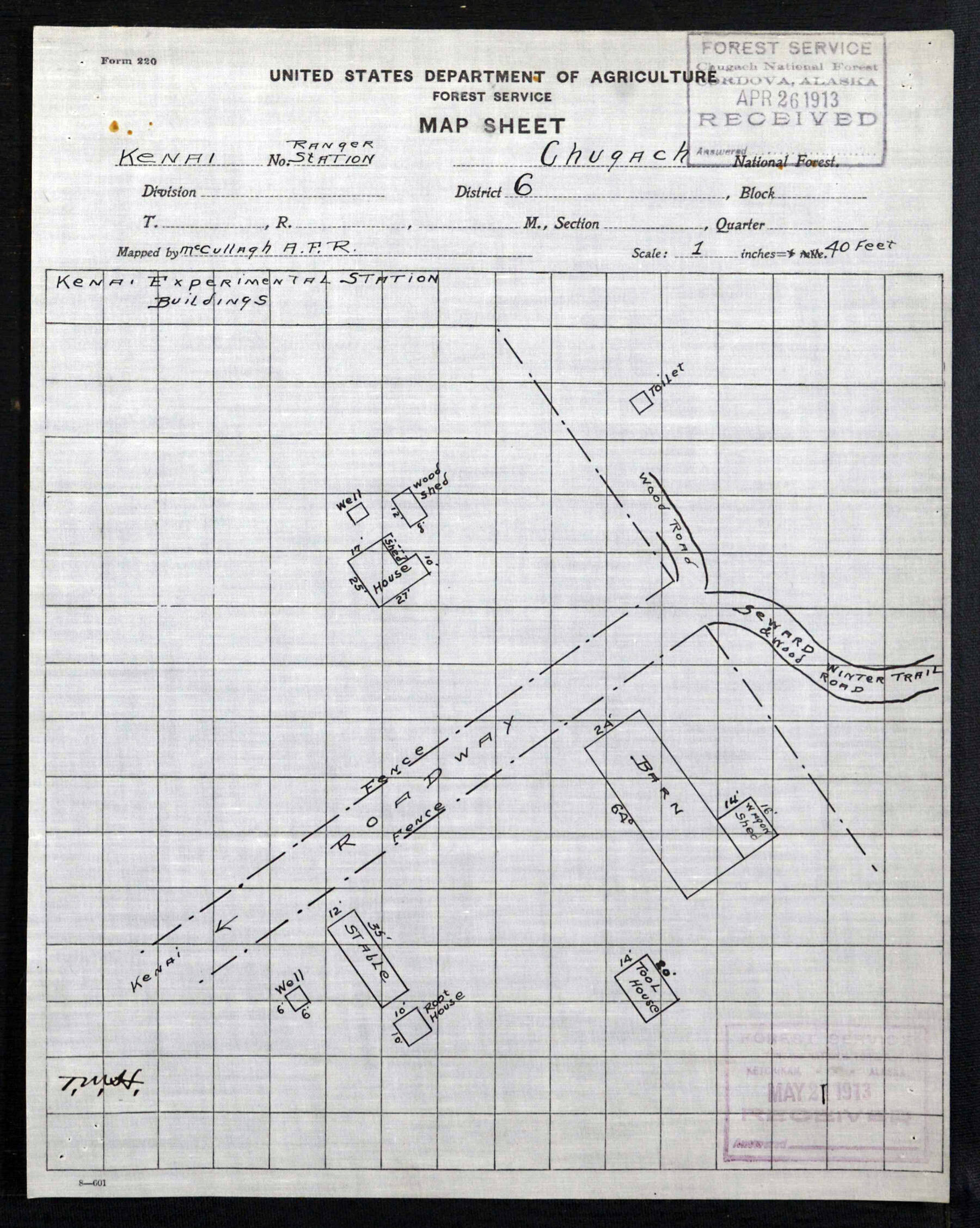 Map from U.S. Forest Service files
Forest ranger Keith McCullagh drew this map of the Kenai Station grounds in April 1913. The area marked ROADWAY is the approximate location today of Overland Avenue.
