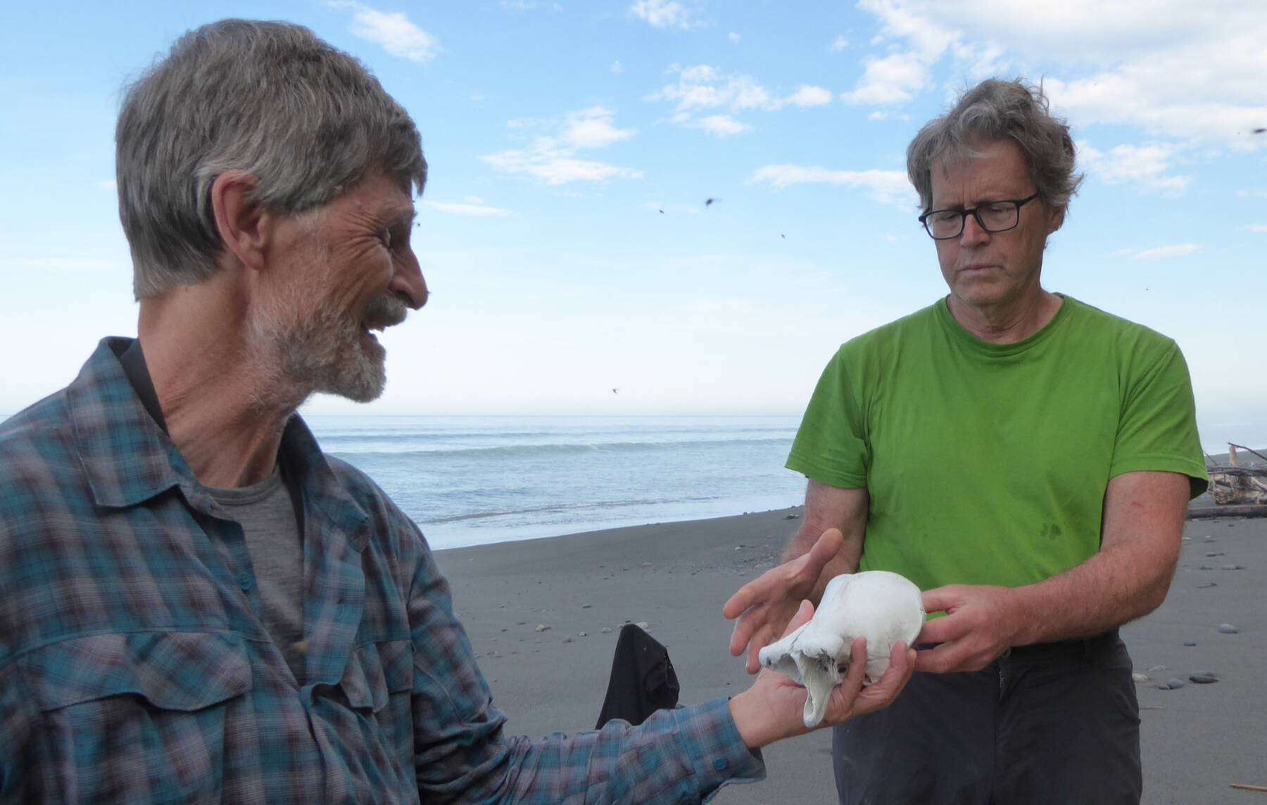 Dan Mann, right, ponders a bone of a marine mammal handed to him by his friend Lewis Sharman on the Southeast Alaska coast. Photo courtesy Ned Rozell