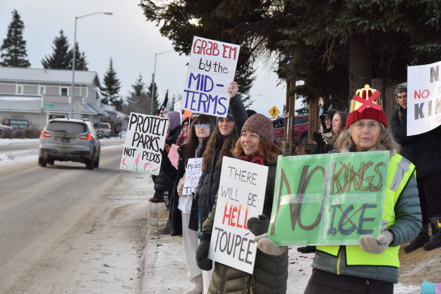 Delcenia Cosman / Homer News
Demonstrators gather at WKFL Park in Homer<ins>, Alaska</ins> on Saturday, Jan. 24<ins>, 2026</ins>, for the No Kings, No ICE protest organized by the Homer Women of Action.