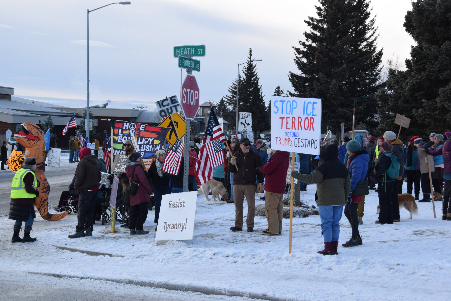 Demonstrators gather at WKFL Park in Homer<ins>, Alaska</ins> on Saturday, Jan. 24<ins>, 2026</ins> for the No Kings, No ICE protest organized by the Homer Women of Action. (Delcenia Cosman/Homer News)