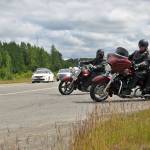 Motorcyclists take off as part of a procession to Travis Stubblefields memorial service from the driveway of the Harley-Davidson Motorcycles store on Saturday, June 30, 2018 in Soldotna, Alaska. Stubblefield, a lifelong resident of the Soldotna area, was killed June 21 in a conflict in Kasilof. Alaska State Troopers are investigating the circumstances of his death, though no charges have yet been filed. (Photo by Elizabeth Earl/Peninsula Clarion)