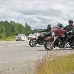 Motorcyclists take off as part of a procession to Travis Stubblefields memorial service from the driveway of the Harley-Davidson Motorcycles store on Saturday, June 30, 2018 in Soldotna, Alaska. Stubblefield, a lifelong resident of the Soldotna area, was killed June 21 in a conflict in Kasilof. Alaska State Troopers are investigating the circumstances of his death, though no charges have yet been filed. (Photo by Elizabeth Earl/Peninsula Clarion)