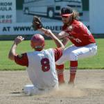 Twins second baseman David Michael tags out Nick Thimsen of Excelsior Post 259 of Minneapolis on a stolen base attempt Tuesday, July 3, 2018, at Coral Seymour Memorial Park in Kenai. (Photo by Jeff Helminiak/Peninsula Clarion)