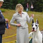 A trainer holds her Great Dane for a picture competing in the Kenai Kennel Clubs annual dog show, obedience and agility trials on Saturday, July 14, 2018 in Soldotna, Alaska. Dog owners come from all over the state to take part in the events each year. (Photo by Elizabeth Earl/Peninsula Clarion)