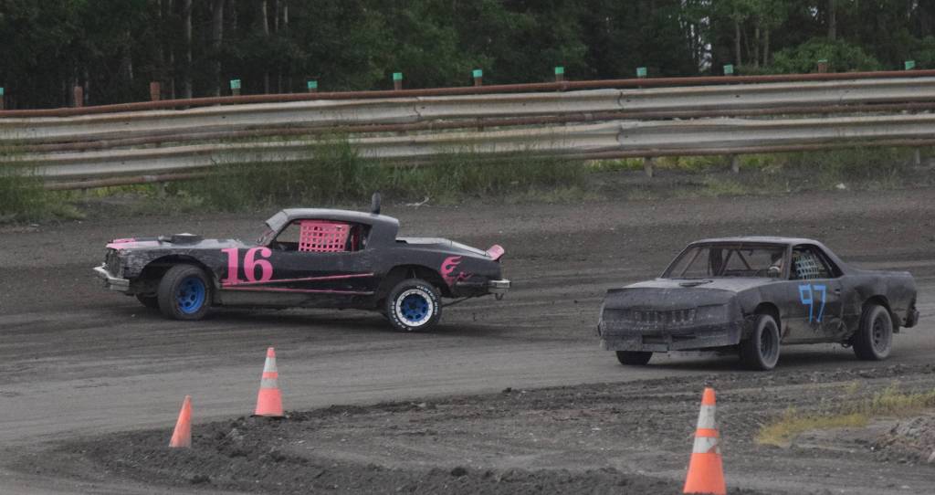 Gracie Bass (16) gets sideways in an A-Stock heat race Saturday night at Twin City Raceway in Kenai. (Photo by Joey Klecka/Peninsula Clarion)