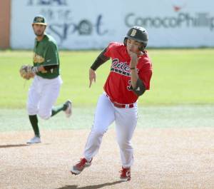 Peninsula Oilers infielder Grant Wood, wearing an Anchorage Bucs batting helmet, rounds third en route to scoring during the Alaska Baseball League All-Star Game on Sunday afternoon at Mulcahy Stadium in Anchorage. Wood and the American League beat the National League 7-5. (Photo by Jeremiah Bartz/Frontiersman.com)