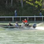 Anglers powerboat up the Kenai River near Soldotna Creek Park on Wednesday, July 18, 2018 in Soldotna, Alaska. The water in the Kenai River is a little higher than usual  about 9.71 feet, according to U.S. Geological Surveys gauge at Soldotna  but has fallen since last week and is significantly below the flood stage of 12 feet. Anglers were hitting the banks on Wednesday morning for sockeye salmon, which normally peak in returning numbers to the Kenai River in mid-July. (Photo by Elizabeth Earl/Peninsula Clarion)
