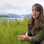 Melissa Garcia Johnson finds a pink clover flower while foraging at the beach near North Douglas Highway. (Photo by Kevin Gullufsen/Juneau Empire)