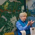 Docent Carroll Knutson describes Alaskas 1964 earthquake to visitors of the Soldotna Historical Society Museum on Tuesday, July 17, 2018 in Soldotna. The Historical Society will be kicking off this years Soldotna Progress Days celebration on July 27 with a free community barbecue featuring several of Soldotnas early settlers and their descendants. Knutson, whose family began homesteading about eight miles south of Soldotna in 1958, will be among those telling stories and leading tours through the museums collection of homesteader cabins and exhibits of artifacts. The event, from 4 p.m to 7 p.m, will also include music from Hobo Jim, a dutch oven demonstration, and childrens scavenger hunts. (Ben Boettger/Peninsula Clarion)