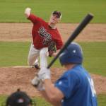 Peninsula Oilers reliever Ryan Silva unleashes a pitch Thursday against the Anchorage Glacier Pilots at Coral Seymour Memorial Ballpark in Kenai. (Photo by Joey Klecka/Peninsula Clarion)