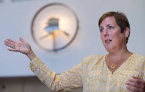 Angela Rodell, Executive Director of the Alaska Permanent Fund Corporation, speaks about the positive results of the fund this year at the APFC office on Thursday, July 26, 2018. (Michael Penn | Juneau Empire)