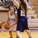 Photo by Rashah McChesney/Peninsula Clarion Skyview's Meghan Powers looks for an opening to pass during their game against Homer Friday Feb. 28, 2014 in Soldotna, Alaska.
