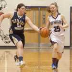 Photo by Rashah McChesney/Peninsula Clarion  Ninilchik's Mikayla Clark slaps the ball out of Nikolaevsk player Megan Hickman's hand during their game for the Peninsula Conference Tournament Thursday March 6, 2014 at Skyview High School in Soldotna, Alaska.