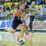 Soldotna's Makayla Wong (11) steals the ball from West's Marshala Eady (23) during their 4A girls state basketball game at Anchorage's Sullivan Arena on Thursday.