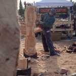 Photo by Rashah McChesney/Peninsula Clarion Derrick Stanton and Peter Quinn work on wooden sculptures at a temporary space for Derrick Stanton Log Works Tuesday March 25, 2014 in Soldotna, Alaska. Stanton , whose permanent shop sits at the corner of Kalifornsky Beach road and Beach Access Road in Kenai saidhe would be in Soldotna through Saturday.