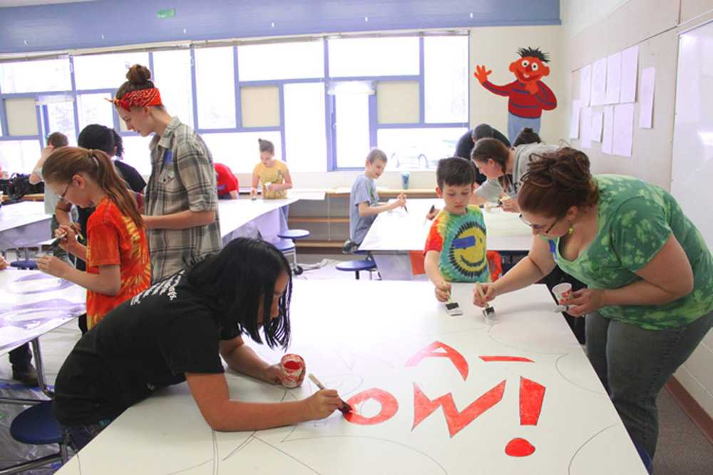 Photo by Kelly Sullivan/ Peninsula Clarion Almost 100 community members came out to help paint the Nikiski community mural on Friday and Saturday, April 11 and 12, at the Nikiski Recreation Center.