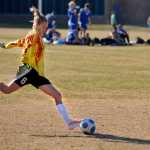 Photo by Rashah McChesney/Peninsula Clarion  Nikiski goalie Rachel Thompson sends the ball down the field during their game against Palmer Friday May 2, 2014 in Nikiski, Alaska.