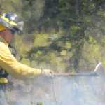 Photo by Rashah McChesney/Peninsula Clarion Josh Thompson, firefighter with Central Emergency Services on the Kenai Peninsula, throws brush into a fire along Funny River Road Thursday May 22, 2014 as the group works to control the burning Funny River wildfire which has consumed more than 63,000 acres of Kenai National Wildlife Refuge land.