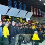 Photo by Dan Balmer/Peninsula Clarion Firefighters involved in containing the Funny River Horse Trail wildfire gather for a photo at the appreciation dinner Sunday at the Soldotna Regional Sports Complex. More than 700 firefighters from Alaska, Canada, Oregon and Montana have battled the blaze since it began on May 19.