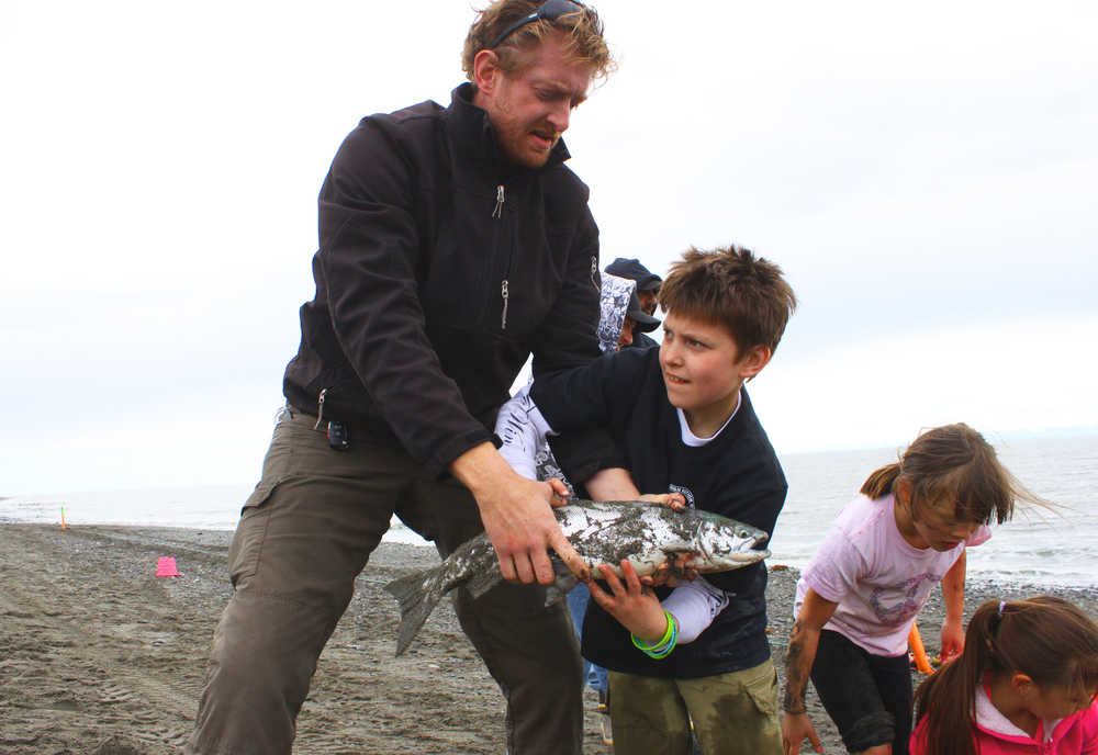 Photo by Kelly Sullivan/ Peninsula Clarion Community members of all ages helped pull in the setnet at the end of the three-day celebration for the opening of the Dena'ina Wellness Center, Saturday, at the Kenaitze educational fishery site.