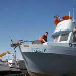 Photo by Rashah McChesney/Peninsula Clarion A "Fish or Cut Bait" flag flies in the wind on a boat sitting on blocks at the Snug Harbor Seafoods receiving dock Thursday June 19, 2014 in Kenai, Alaska.
