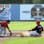 Photo by Dan Balmer/Peninsula Clarion Peninsula Oilers third baseman Alex Rubanowitz is caught stealing at second base in the second inning in Thursday's game against the the Chugiak-Eagle River Chinooks at Coral Seymour Memorial Park.